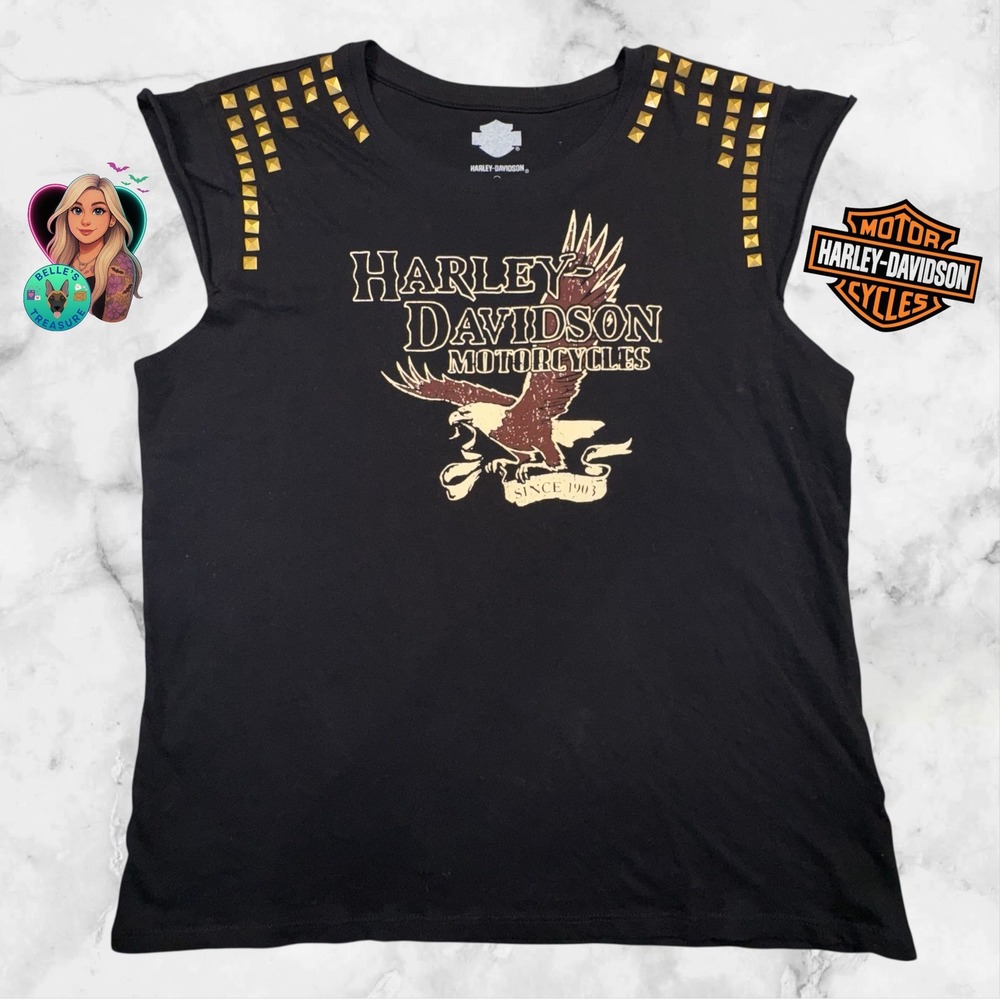 Harley Davidson Top Women's XL Studded‎ Cap Sleeve Eagle Shirt Grunge Biker Y2K